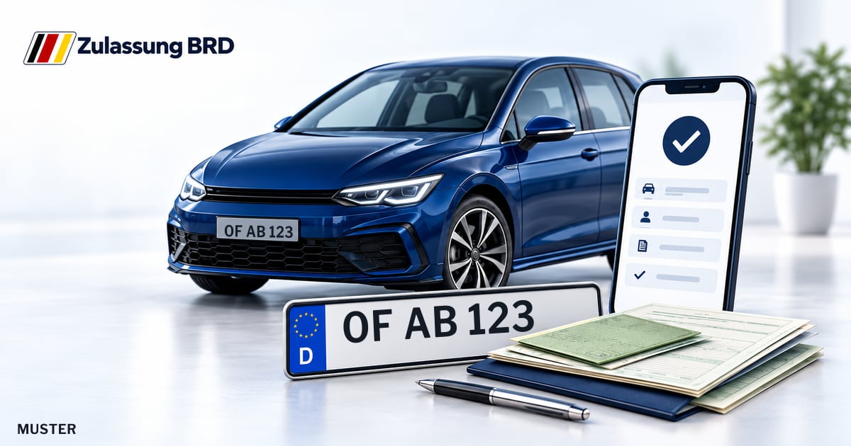Online Fahrzeugzulassung in Heusenstamm: Musterkennzeichen OF AB 123, Auto und Fahrzeugpapiere und Smartphone. Illustration mit Logo von Zulassung BRD.